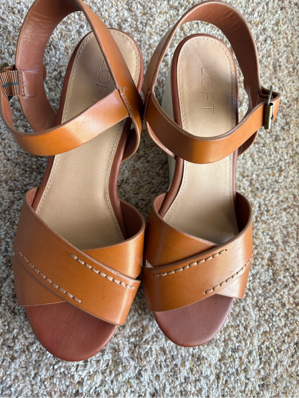 LOFT Cognac Brown Leather like Cross-Strap Sandals